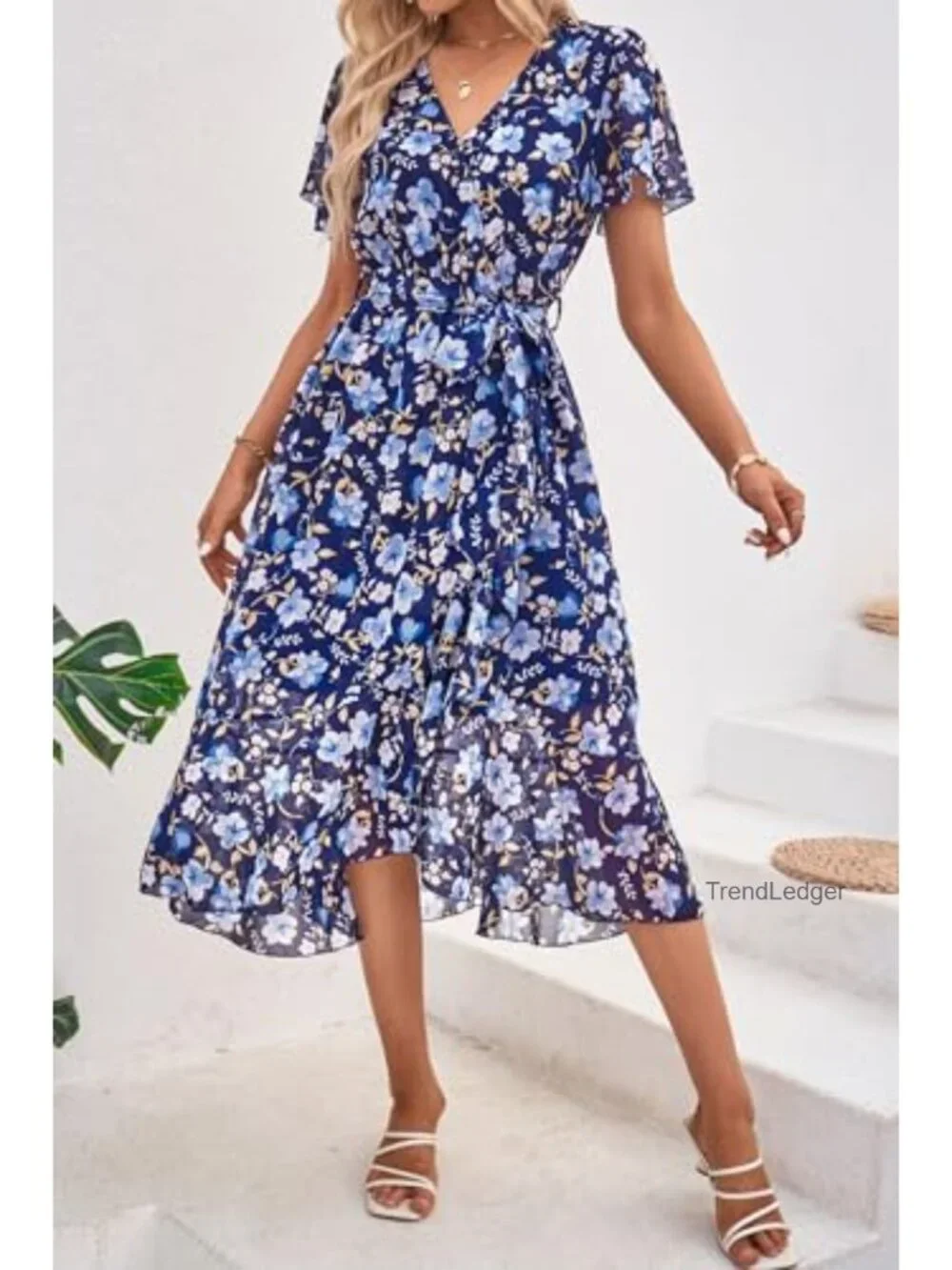 Women's Boho Floral Maxi Dress Short Sleeve Wrap V Neck Ruffle Tiered Chiffon